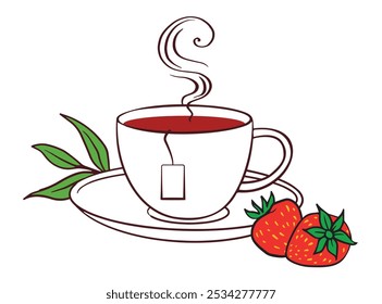 cup of strawberry tea on a saucer, steam, two strawberries berry. Simple sketch doodle illustration for recipe, menu, culinary blog, package design.