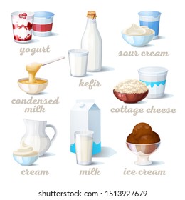 Cup with strawberry yogurt and chocolate ice-cream, condensed milk and sour cream, bowl with cottage cheese, glassware bottle with kefir and carton or paper pack for milk. Dairy and natural nutrition