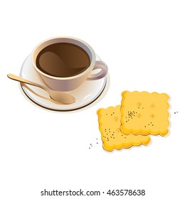 Cup of strong coffee on a plate with spoon and cookies with chocolate
