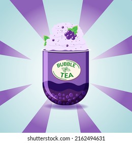 A cup of sweet bubbly. Tea with tapioca pearls. Tea with mixed fruit flavors. Strawberry and blueberry. Asian Taiwanese beverage. Colorful colored fashion vector illustration. Cartoon style. Flat.