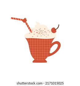 Cup with sweet drink. Beverage with foam, chocolate sprinkling, pipe and cherry in cute and small mug with checkered pattern in retro style. Vector illustration,  isolated object.