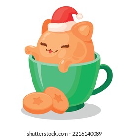 Cup with a sweet kitten - ginger dessert and cookies. Vector simple cartoon xmas and new year illustration. Design for coffee houses, posters, stickers, banners, postcard