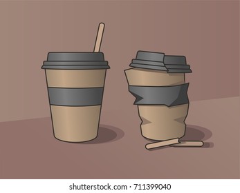 A cup of take away coffee and crumpled cup