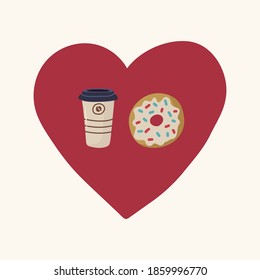 A Cup of takeaway coffee with a doughnut in the circle of the heart. Beautiful illustration of love for Breakfast with coffee and donut. Glazed bun with a fragrant drink in a glass with a lid. Red