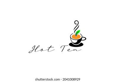 cup of tea with aroma and green leaf for flat vintage healthy drink cafe shop logo design vector