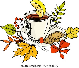 A cup of tea in autumn leaves
