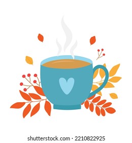 Cup of tea, autumn leaves and berries. Template for cozy autumn design. Isolated vector illustration 