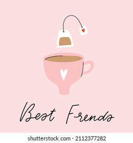 Cup of tea and tea bag - best friends  illustration. Stylish Valentine's day square greeting card, poster concept in pink and red colors. Fun and cool design. Hand drawn doodle cartoon style. 