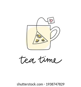 Cup with tea bag. Chamomile herbal tea illustration with hand written lettering. Cute breakfast poster for cafe or bar.
