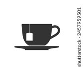 Cup with tea bag graphic icon. Cup and saucer sign isolated on white background. Vector illustration