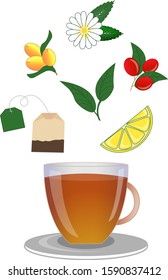 Cup of tea. Tea bag. Green tea, tea with sea buckthorn, lemon, cranberries, orange, strawberries, raspberries and chamomile.