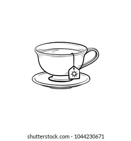 Cup with tea bag hand drawn outline doodle icon. Hot drink - tea cup vector sketch illustration for print, web, mobile and infographics isolated on white background.