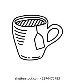 Cup with tea bag hand drawn outline doodle icon.  sketch illustration for print, web, mobile and infographics isolated on white background.
