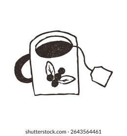 Cup with tea bag, hand drawn doodle, vector illustration isolated on white background. Outline sketch style with grunge vintage texture. Hot beverage mug, cafe concept.
