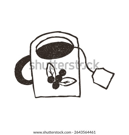 Cup with tea bag, hand drawn doodle, vector illustration isolated on white background. Outline sketch style with grunge vintage texture. Hot beverage mug, cafe concept.