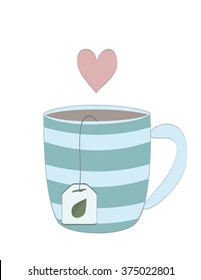 Cup of tea with tea bag with heart isolated on white background