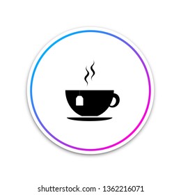 Cup with tea bag icon isolated on white background. Circle white button. Vector Illustration