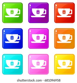 Cup of tea with tea bag icons of 9 color set isolated vector illustration
