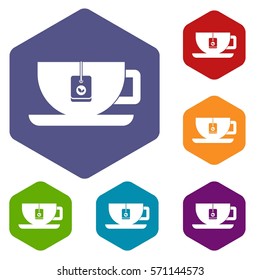 Cup of tea with tea bag icons set rhombus in different colors isolated on white background