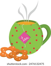 Taza con té y bolsita de té dentro. Ilustración de té caliente y galletas.