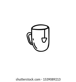 Cup tea bag isolated on white background. Outline warm and cozy hand drawn vector illustration in scandinavian style. Winter elements for greeting cards, posters, stickers, seasonal design.