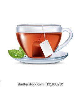 Cup of tea with tea bag and leaves isolated