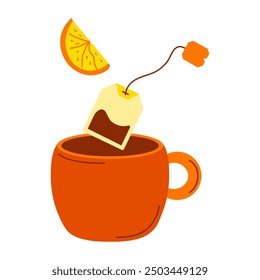 Cup with tea bag, lemon slice. Black tea brewing in cup. Citrus slice, hot drink in mug. Treatment of colds. Kitchen utensils, tableware. Isolated. Brown warm colors. Flat style. Vector illustration