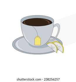 Cup of tea with tea bag and lemon slices on white background