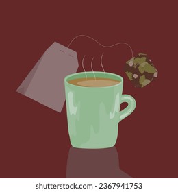 a cup of tea and a tea bag on the background. vector illustration 