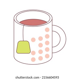 Cup with tea bag semi flat color vector element. Full sized object on white. Decorated mug. Warm tasty beverage simple cartoon style illustration for web graphic design and animation