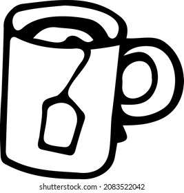 A cup with a tea bag. Sketch, doodle, black and white vector illustration drawn by hand.