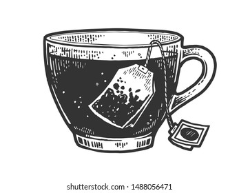 Cup of tea with tea bag sketch engraving vector illustration. Scratch board style imitation. Black and white hand drawn image.