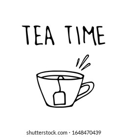 A cup of tea with tea bag, splash and inscription “Tea Time”. Hand drawn cup with beverage for print, café, restaurant, cards, poster, banner. Vector Illustration isolated on white background.