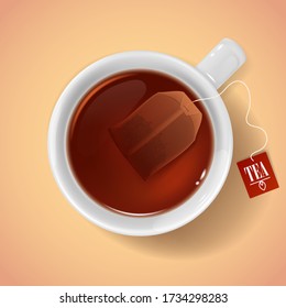 Cup with tea bag top view. Realistic 3d vector white porcelain or ceramic cup with hot drink and teabag. Isolated round mug with brown colored beverage and shadow. Breakfast, afternoon tea