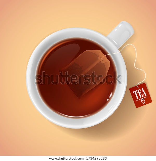 Cup with tea bag top view. Realistic 3d vector white\
porcelain or ceramic cup with hot drink and teabag. Isolated round\
mug with brown colored beverage and shadow. Breakfast, afternoon\
tea