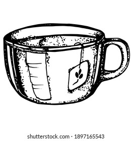 A cup of tea with a tea bag. Vector black and white illustration. Sketch.  Isolated on a white background