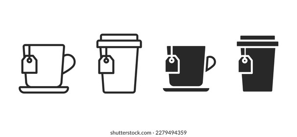 Cup with tea bag vector icon set. Teabag symbol. Herb tea bag packaging for morning beverage logo