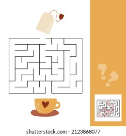 Cup and tea bag. Vector maze game for preschool kids. Simple game for kids with solution