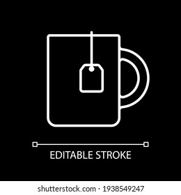 Cup with tea bag white linear icon for dark theme. Fragrant drink to relax. Mug with herbal tea. Thin line customizable illustration. Isolated vector contour symbol for night mode. Editable stroke