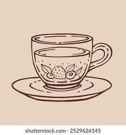Taza de té con bayas. Ilustración vectorial dibujada a mano en estilo de contorno.