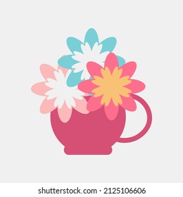 A cup of tea with berries, herbs and flowers. Cute tea mug in cartoon flat style isolated on a white background. A mug with bouquet of herbs for teatime. For greetings, cards, tea shop, menu. Vector.