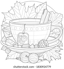 
A cup of tea with berries, sweets and cinnamon. Autumn illustration.Coloring book antistress for children and adults. Illustration isolated on white background.Zen-tangle style.