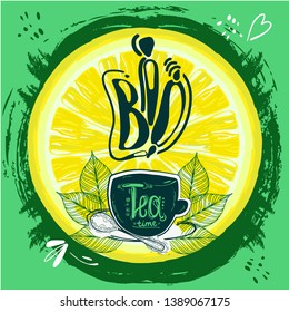Cup of tea bio,  a hand drawn eco tea pair, tea leaves, cubes on a round background. Vector illustration
