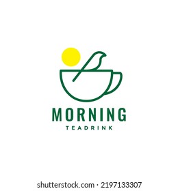 cup tea with bird morning sunrise logo design