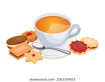 Tasse Tee und Kekse noch Leben Vektorgrafik. Köstliche Teekuchen, Vektorgrafik einzeln auf weißem Hintergrund. Verschiedene Arten von Keksen Zeichnung. Teegetränk mit Kurzbrot-Cookie-Symbol, Vektorgrafik