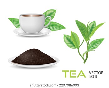 taza de té y té negro en polvo y ramas de té aisladas en el fondo blanco.elemento de diseño de ilustración vectorial realista.
