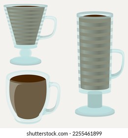 Cup of tea blue and turquoise SET in realistic style. Porcelain mug with hot cofee. Colorful vector illustration isolated on white background.