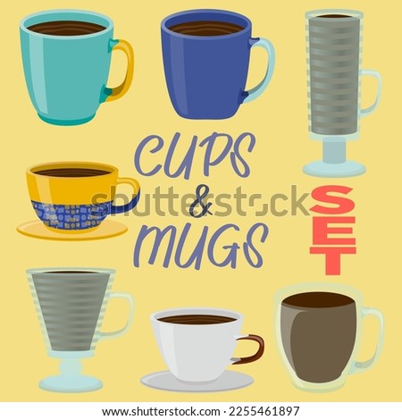 Cup of tea blue and turquoise SET in realistic style. Porcelain mug with hot cofee. Colorful vector illustration isolated on white background.