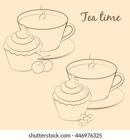 Cup of tea for tea break with cupcake and fruit on beige background. Vector illustration.