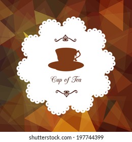 Cup of tea at brown triangular background, vector illustration